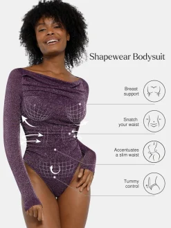 Shapewear Metallic Knit Long Sleeve Slimming Bodysuit