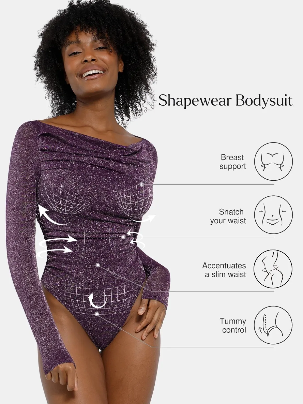 Shapewear Metallic Knit Long Sleeve Slimming Bodysuit
