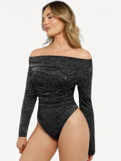 Shapewear Metallic Knit Long Sleeve Slimming Bodysuit