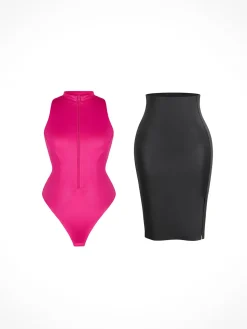 Shapewear Mock Neck Leather Sculpting Bodysuit Skirt Set