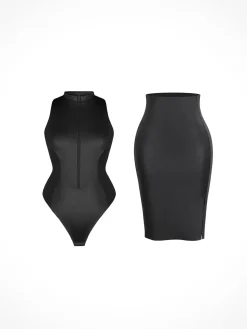 Shapewear Mock Neck Leather Sculpting Bodysuit Skirt Set