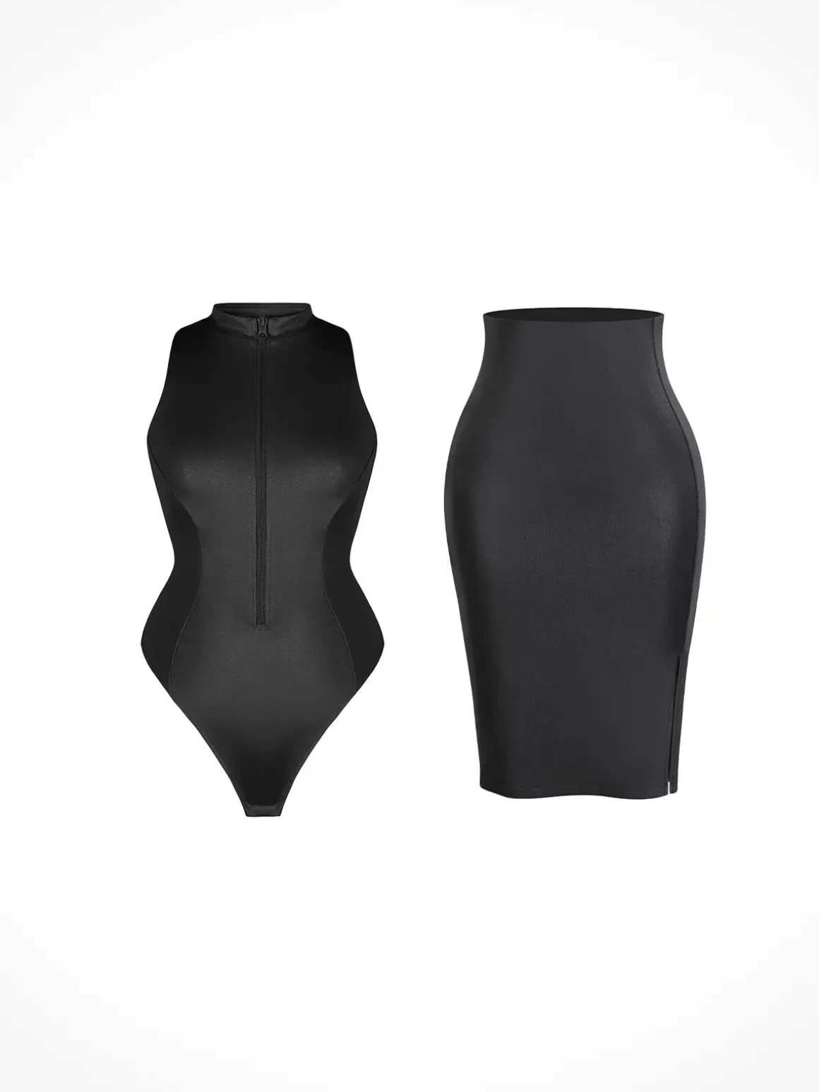 Shapewear Mock Neck Leather Sculpting Bodysuit Skirt Set