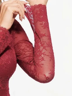 Shapewear Mock Neck Long Sleeve Floral Lace Bodysuit