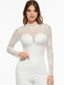 Shapewear Mock Neck Long Sleeve Floral Lace Bodysuit