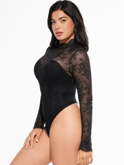 Shapewear Mock Neck Long Sleeve Floral Lace Bodysuit