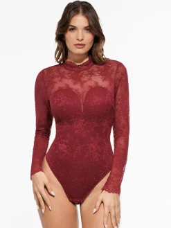 Shapewear Mock Neck Long Sleeve Floral Lace Bodysuit