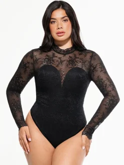 Shapewear Mock Neck Long Sleeve Floral Lace Bodysuit
