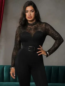 Shapewear Mock Neck Long Sleeve Floral Lace Bodysuit