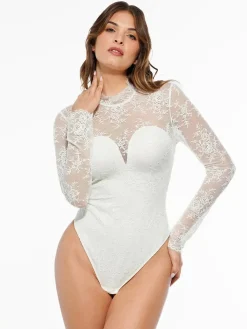 Shapewear Mock Neck Long Sleeve Floral Lace Bodysuit