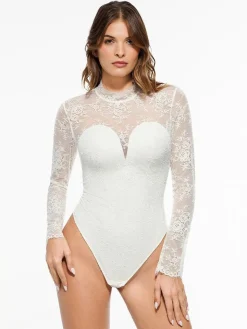 Shapewear Mock Neck Long Sleeve Floral Lace Bodysuit