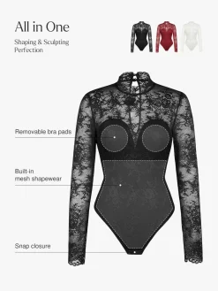 Shapewear Mock Neck Long Sleeve Floral Lace Bodysuit