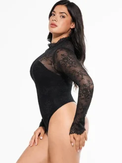 Shapewear Mock Neck Long Sleeve Floral Lace Bodysuit
