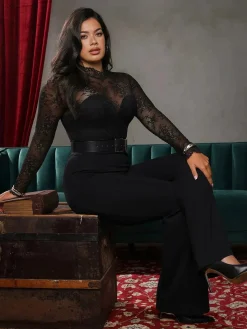 Shapewear Mock Neck Long Sleeve Floral Lace Bodysuit