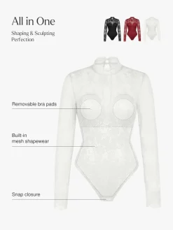 Shapewear Mock Neck Long Sleeve Floral Lace Bodysuit