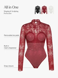 Shapewear Mock Neck Long Sleeve Floral Lace Bodysuit