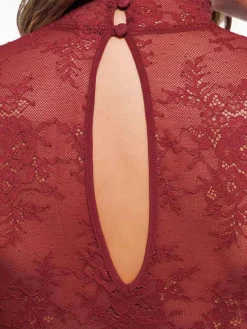Shapewear Mock Neck Long Sleeve Floral Lace Bodysuit