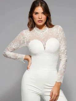 Shapewear Mock Neck Long Sleeve Floral Lace Bodysuit