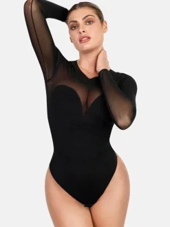 Shapewear Mock Neck Long Sleeve Floral Lace Bodysuit