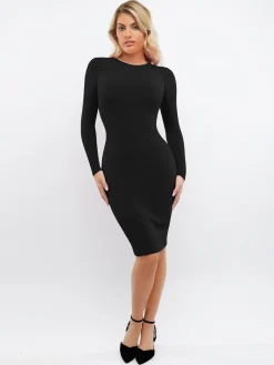 Shapewear Modal Long Sleeve Crew Neck Slimming Midi Dress