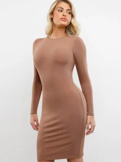 Shapewear Modal Long Sleeve Crew Neck Slimming Midi Dress