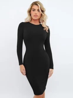 Shapewear Modal Long Sleeve Crew Neck Slimming Midi Dress