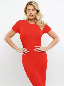 Shapewear Modal Short Sleeve Mock Neck Slimming Maxi Dress