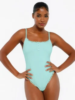 Shapewear Modal Strappy Lace Trim Sculpting Henley Bodysuit