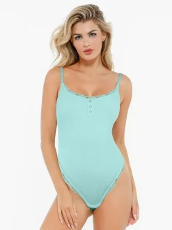 Shapewear Modal Strappy Lace Trim Sculpting Henley Bodysuit
