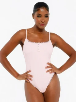 Shapewear Modal Strappy Lace Trim Sculpting Henley Bodysuit