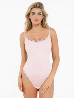 Shapewear Modal Strappy Lace Trim Sculpting Henley Bodysuit