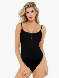 Shapewear Modal Strappy Lace Trim Sculpting Henley Bodysuit