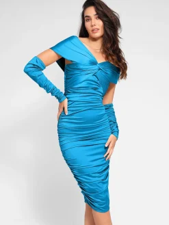 Shapewear Off-Shoulder Ruched Shine Sculpting Midi Dress