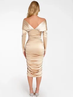 Shapewear Off-Shoulder Ruched Shine Sculpting Midi Dress
