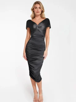 Shapewear Off-Shoulder Ruched Shine Sculpting Midi Dress