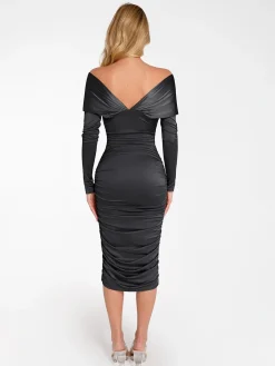 Shapewear Off-Shoulder Ruched Shine Sculpting Midi Dress