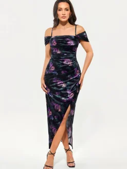 Shapewear Off Shoulder Shine Ruched Sculpting Maxi Dress