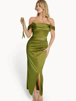 Shapewear Off Shoulder Shine Ruched Sculpting Maxi Dress