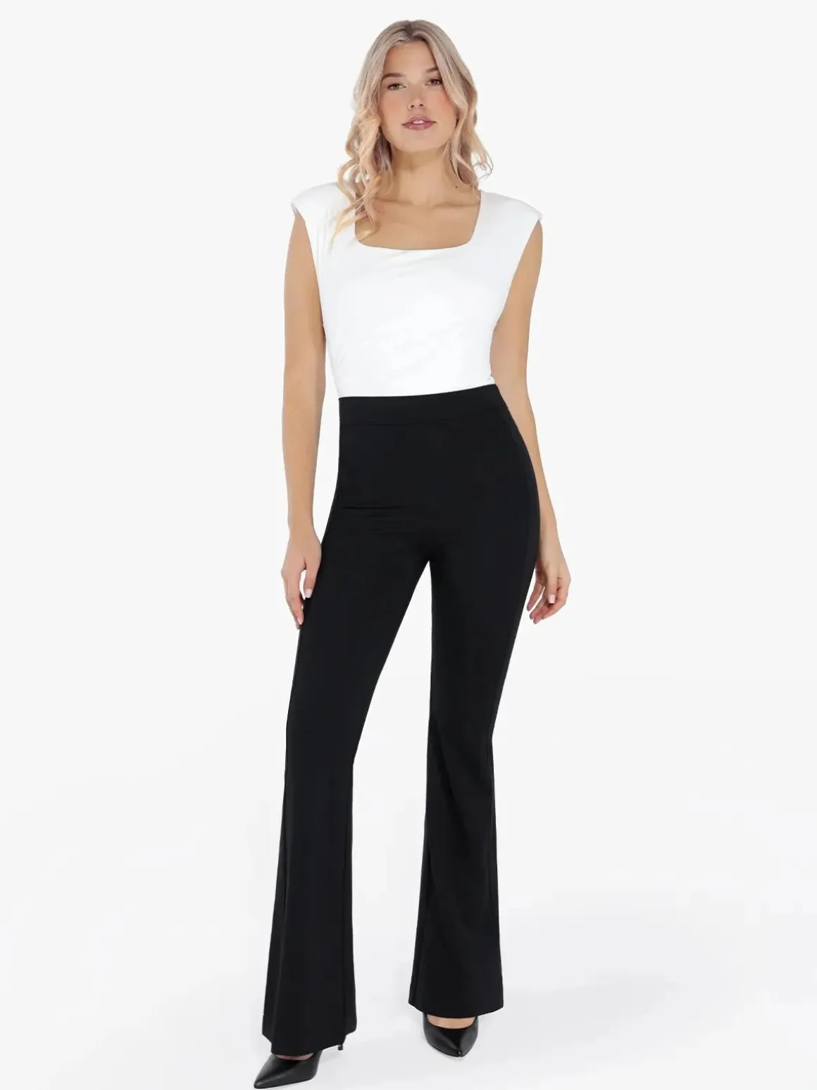 Shapewear Padded Shoulder Slimming Bodysuit Flare-Leg Pants Set