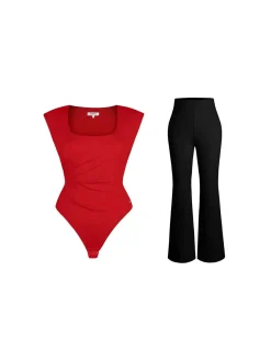Shapewear Padded Shoulder Slimming Bodysuit Flare-Leg Pants Set