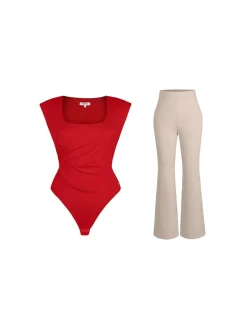 Shapewear Padded Shoulder Slimming Bodysuit Flare-Leg Pants Set