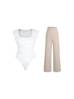Shapewear Padded Shoulder Slimming Bodysuit Wide-Leg Pants Set
