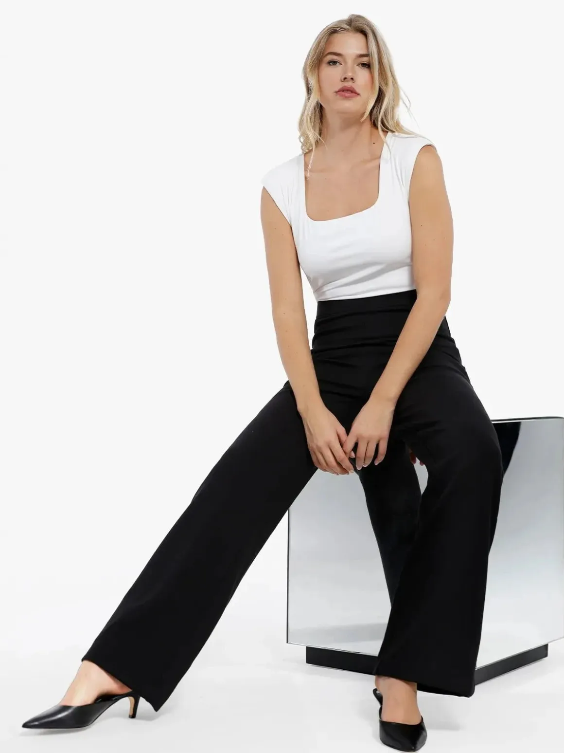 Shapewear Padded Shoulder Slimming Bodysuit Wide-Leg Pants Set