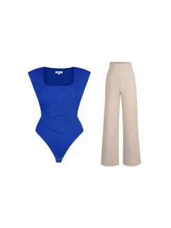 Shapewear Padded Shoulder Slimming Bodysuit Wide-Leg Pants Set