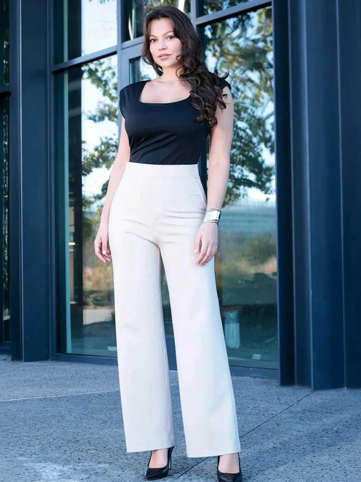 Shapewear Padded Shoulder Slimming Bodysuit Wide-Leg Pants Set