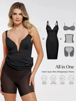 Shapewear Plunging V Lace Trim Bodycon Mini Dress