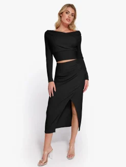 Shapewear Rib Modal Built In Sculpting Midi Wrap Skirt