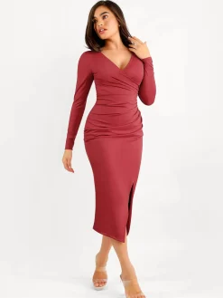 Shapewear Ruched Long Sleeve Faux Wrap Slimming Midi Dress