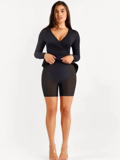 Shapewear Ruched Long Sleeve Faux Wrap Slimming Midi Dress