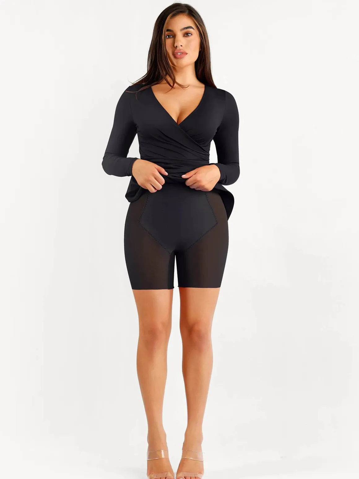 Shapewear Ruched Long Sleeve Faux Wrap Slimming Midi Dress