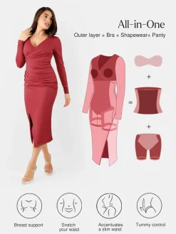 Shapewear Ruched Long Sleeve Faux Wrap Slimming Midi Dress
